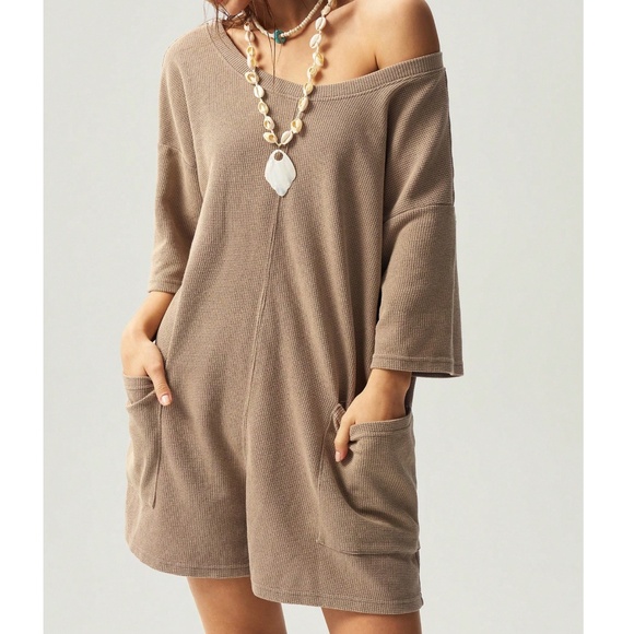 Solid Tan Open Back Oversized Cotton Casual Romper - Picture 1 of 5